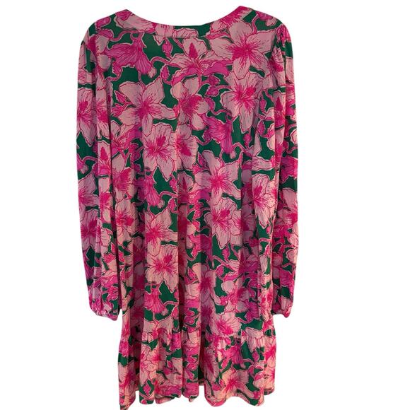 Lilly Pulitzer Alyssa Hibiscus Print Long Sleeve Split Neck Cotton Dress XL - Picture 3 of 7